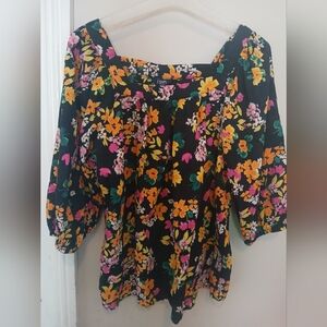 Chaps Black Floral Blouse with Orange and Pink Accents